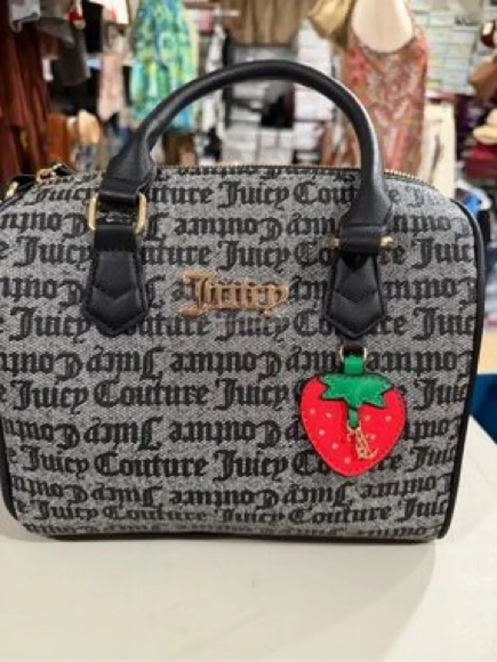Juicy Couture Black Logo Satchel with Red & Green Strawberry Charm